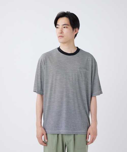 Snow Peak(スノーピーク)の「Snow Peak / Summer Wool Stripe T-Shirt サマーウールストライプTシャツ(Tシャツ/カットソー・メンズ・ブラック/グレイッシュベージュ/ライトグリーン・S/M/L/XL)」の2枚目の写真