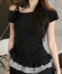 ワンショルダー裾チェック 切り替えペプラムTシャツ 肩ヒモ