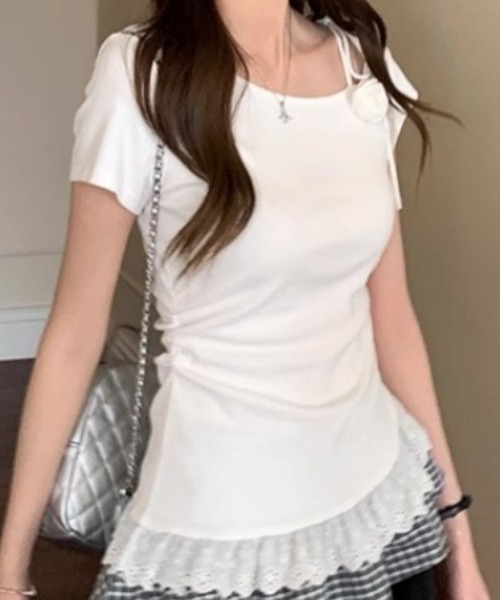 Teem Store(チームストア)の「ワンショルダー裾チェック 切り替えペプラムTシャツ 肩ヒモ(Tシャツ/カットソー・レディース・ホワイト/ブラック・F)」の8枚目の写真