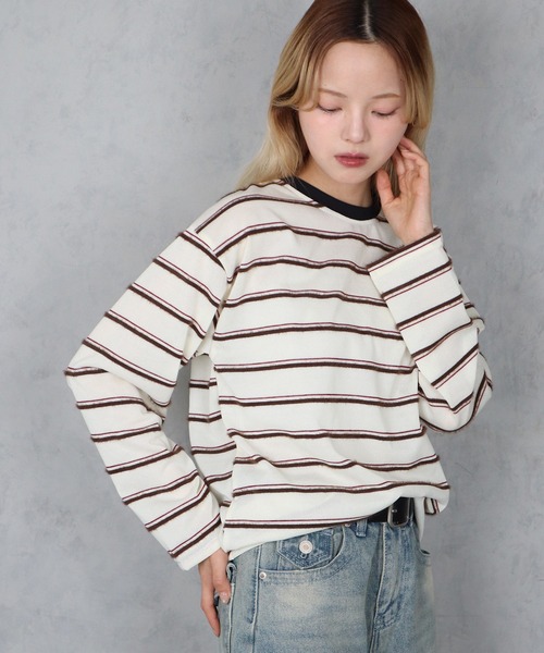 [BARELY BLUE] Newans ボーダー配色 loose cut short sleeve T — нюансная полосатая футболка с контрастной отделкой, свободный крой