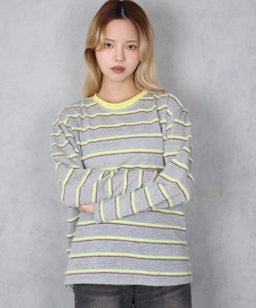 BARELY BLUE(ベアリーブルー)の「【 BARELY BLUE / ベアリーブルー 】 ニュアンスボーダー 配色 ルーズカットソー / ロンT(Tシャツ/カットソー・レディース・グレー/ブルー/アイボリー・FREE)」の8枚目の写真