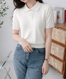 ケーブル編みポロニットトップス