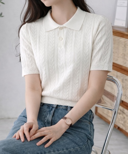 mielu(ミエル)の「ケーブル編みポロニットトップス(ニット/セーター・レディース・ピンク/イエロー/ブラック/ホワイト/グリーン・FREE)」の12枚目の写真