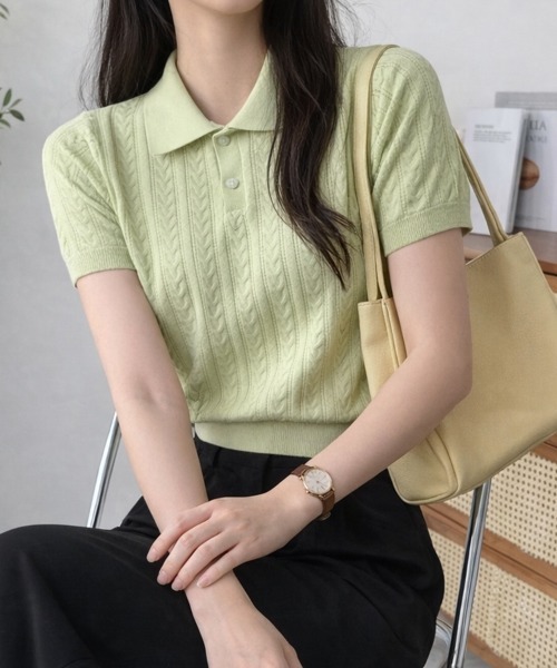 mielu(ミエル)の「ケーブル編みポロニットトップス(ニット/セーター・レディース・ピンク/イエロー/ブラック/ホワイト/グリーン・FREE)」の14枚目の写真