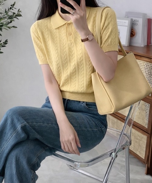 mielu(ミエル)の「ケーブル編みポロニットトップス(ニット/セーター・レディース・ピンク/イエロー/ブラック/ホワイト/グリーン・FREE)」の18枚目の写真