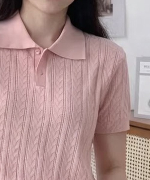 mielu(ミエル)の「ケーブル編みポロニットトップス(ニット/セーター・レディース・ピンク/イエロー/ブラック/ホワイト/グリーン・FREE)」の21枚目の写真
