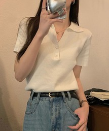 Vネックポロカラー半袖ニット