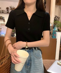Vネックポロカラー半袖ニット