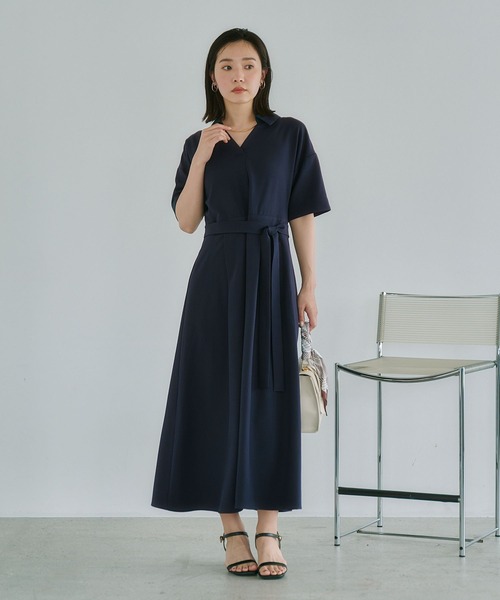 Andemiu（アンデミュウ）の「スキッパーシャツワンピース685204（ワンピース・レディース・ネイビー/ライトベージュ/ライトカーキ・FREE）」の3枚目の写真