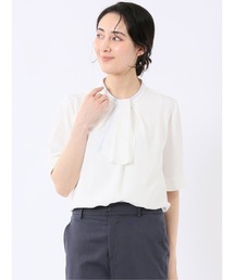 m.f.editorial | 【ストレッチ 2WAY】m.f.エディトリアル レディース 配色 ボウタイ 半袖 プルオーバー ブラウス(シャツ/ブラウス)