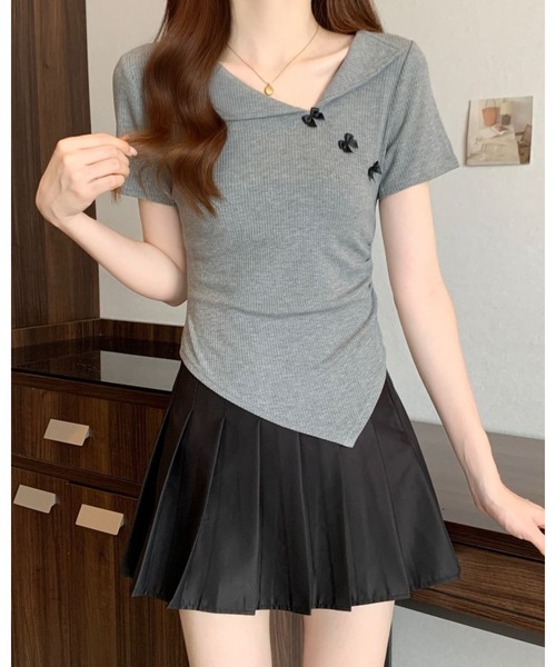 CHEER(チアー)の「イレギュラーヘム スリットネックリボン 細見えリブトップス(Tシャツ/カットソー・レディース・グレー・FREE)」の7枚目の写真