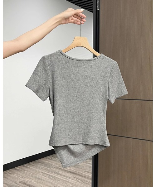 CHEER(チアー)の「イレギュラーヘム スリットネックリボン 細見えリブトップス(Tシャツ/カットソー・レディース・グレー・FREE)」の11枚目の写真