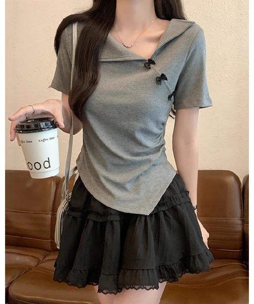 CHEER(チアー)の「イレギュラーヘム スリットネックリボン 細見えリブトップス(Tシャツ/カットソー・レディース・グレー・FREE)」の14枚目の写真