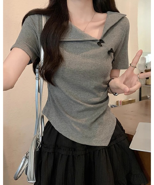 CHEER(チアー)の「イレギュラーヘム スリットネックリボン 細見えリブトップス(Tシャツ/カットソー・レディース・グレー・FREE)」の15枚目の写真