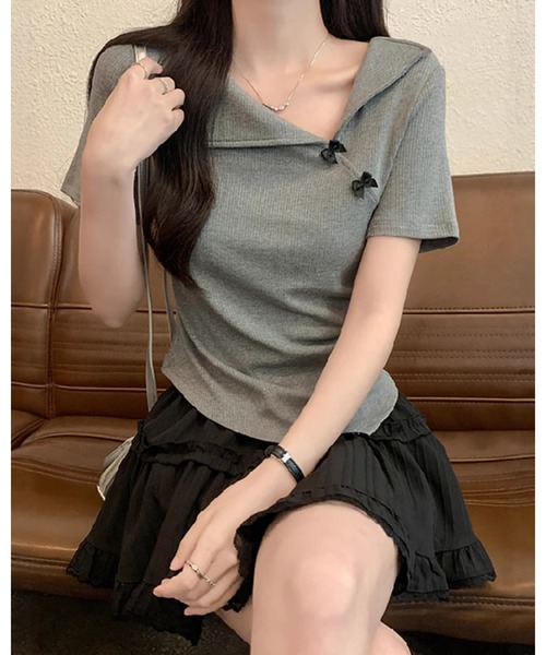 CHEER(チアー)の「イレギュラーヘム スリットネックリボン 細見えリブトップス(Tシャツ/カットソー・レディース・グレー・FREE)」の16枚目の写真