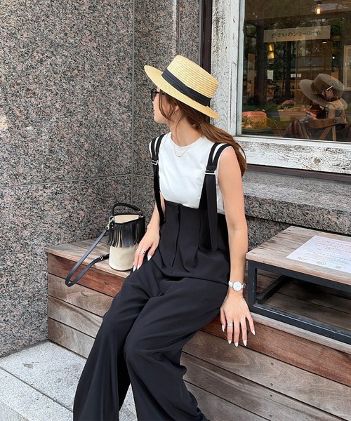 ISOOK(アイスー)の「ダブルストラップサロペット(chiica original)/ サスペンダーパンツ きれいめ オーバーオール デザインパンツ ワイドパンツ タックパンツ 黒 ベージュ(サロペット/オーバーオール・レディース・ベージュ/ブラック・FREE)」の8枚目の写真