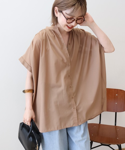 AMERICAN HOLIC(アメリカンホリック)の「【WEB限定】イージーケア+接触冷感 フレンチスリーブギャザーシャツ(シャツ/ブラウス・レディース・ブラック/モカ/アイボリー/カーキ・L/M)」の1枚目の写真
