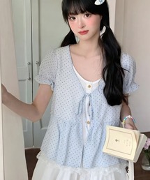 【3color】ドット×レースがあざと可愛い ペプラムブラウス