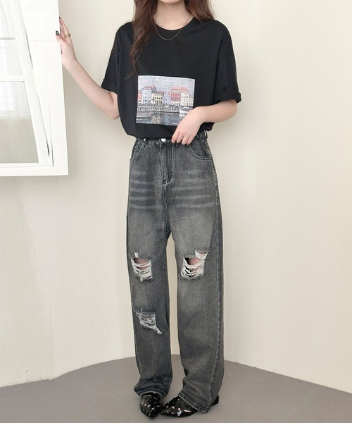 DAY CLOSET（デイ クローゼット）の「半袖 ラウンドネック アソート フォトプリント グラフィック Tシャツ レディース（Tシャツ/カットソー・レディース・ホワイト/ブラック/チャコールグレー・L/M）」の22枚目の写真