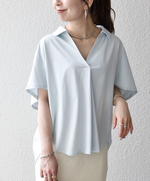 SHIPS any（シップス エニィ）の「SHIPS any:〈洗濯機可能〉ジャージー ワイド スキッパー ポロ プルオーバー（Tシャツ/カットソー・レディース・ライトブルー/ホワイト/ブラック・ONE SIZE）」の3枚目の写真