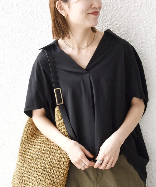 SHIPS any（シップス エニィ）の「SHIPS any:〈洗濯機可能〉ジャージー ワイド スキッパー ポロ プルオーバー（Tシャツ/カットソー・レディース・ライトブルー/ホワイト/ブラック・ONE SIZE）」の2枚目の写真