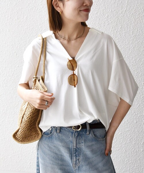 SHIPS any（シップス エニィ）の「SHIPS any:〈洗濯機可能〉ジャージー ワイド スキッパー ポロ プルオーバー（Tシャツ/カットソー・レディース・ライトブルー/ホワイト/ブラック・ONE SIZE）」の9枚目の写真