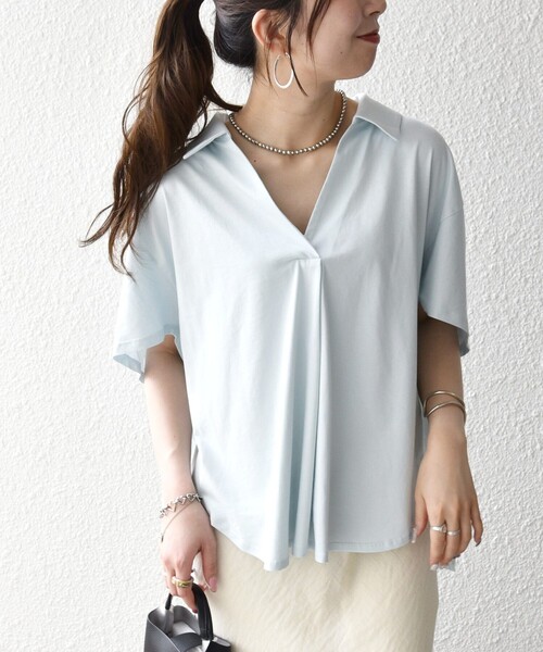 SHIPS any（シップス エニィ）の「SHIPS any:〈洗濯機可能〉ジャージー ワイド スキッパー ポロ プルオーバー（Tシャツ/カットソー・レディース・ライトブルー/ホワイト/ブラック・ONE SIZE）」の20枚目の写真