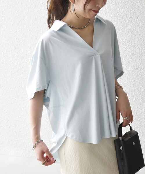 SHIPS any（シップス エニィ）の「SHIPS any:〈洗濯機可能〉ジャージー ワイド スキッパー ポロ プルオーバー（Tシャツ/カットソー・レディース・ライトブルー/ホワイト/ブラック・ONE SIZE）」の19枚目の写真