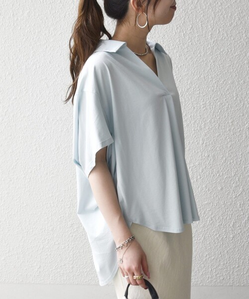 SHIPS any（シップス エニィ）の「SHIPS any:〈洗濯機可能〉ジャージー ワイド スキッパー ポロ プルオーバー（Tシャツ/カットソー・レディース・ライトブルー/ホワイト/ブラック・ONE SIZE）」の18枚目の写真