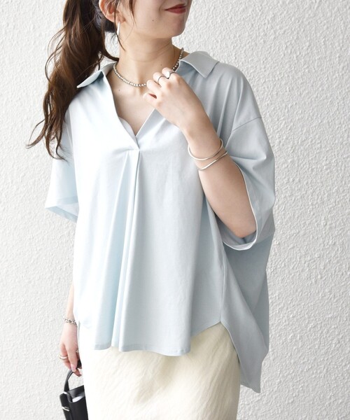 SHIPS any（シップス エニィ）の「SHIPS any:〈洗濯機可能〉ジャージー ワイド スキッパー ポロ プルオーバー（Tシャツ/カットソー・レディース・ライトブルー/ホワイト/ブラック・ONE SIZE）」の16枚目の写真