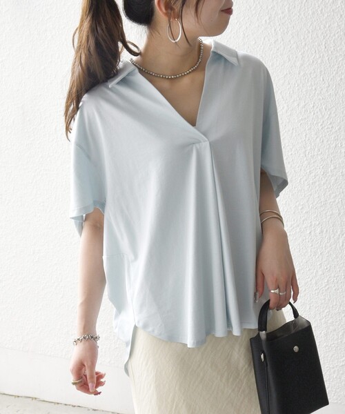 SHIPS any（シップス エニィ）の「SHIPS any:〈洗濯機可能〉ジャージー ワイド スキッパー ポロ プルオーバー（Tシャツ/カットソー・レディース・ライトブルー/ホワイト/ブラック・ONE SIZE）」の15枚目の写真
