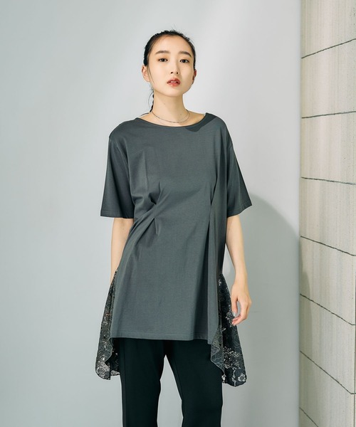 LEPSIM(レプシィム)の「イレヘムレースドッキングチュニック 840128(Tシャツ/カットソー・レディース・ブラック/チャコールグレー/オフホワイト・FREE)」の1枚目の写真