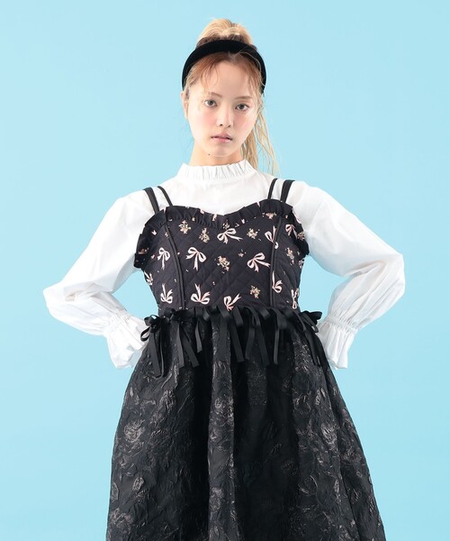 CAROLINA GLASER(カロリナ グレイサー)の「リボン フラワー ビスチェ 旅行 シアー ライブ レイヤード 映えワンピ 大人ガーリー 推し活(キャミソール・レディース・ブラック/サックスブルー・ONE SIZE)」の6枚目の写真