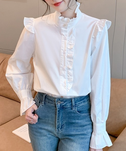 AMAJI(アマジ)の「メロウフリル コットン 長袖白シャツ(シャツ/ブラウス・レディース・ホワイト・SMALL/MEDIUM/LARGE/X-LARGE)」の3枚目の写真
