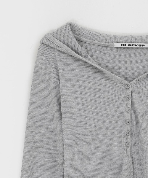 BLACKUP（ブラックアップ）の「[B-BASIC] ワッフルスリムヘンリーネックフードT（Tシャツ/カットソー・レディース・ネイビー/ホワイト系・FREE）」の3枚目の写真