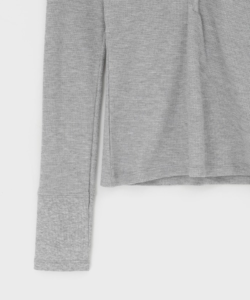 BLACKUP（ブラックアップ）の「[B-BASIC] ワッフルスリムヘンリーネックフードT（Tシャツ/カットソー・レディース・ネイビー/ホワイト系・FREE）」の4枚目の写真