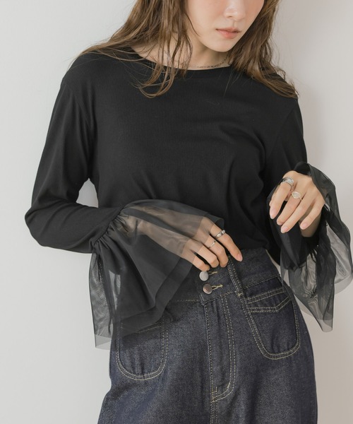 Bab(バブ)の「【一枚でも◎インナー使いにもおすすめ◎】カフスフレアチュールリブトップス(Tシャツ/カットソー・レディース・ブラック/杢グレー/アイボリー・FREE)」の1枚目の写真
