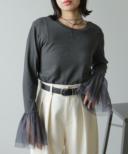 Bab(バブ)の「【一枚でも◎インナー使いにもおすすめ◎】カフスフレアチュールリブトップス(Tシャツ/カットソー・レディース・ブラック/杢グレー/アイボリー・FREE)」の21枚目の写真