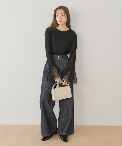 Bab(バブ)の「【一枚でも◎インナー使いにもおすすめ◎】カフスフレアチュールリブトップス(Tシャツ/カットソー・レディース・ブラック/杢グレー/アイボリー・FREE)」の4枚目の写真