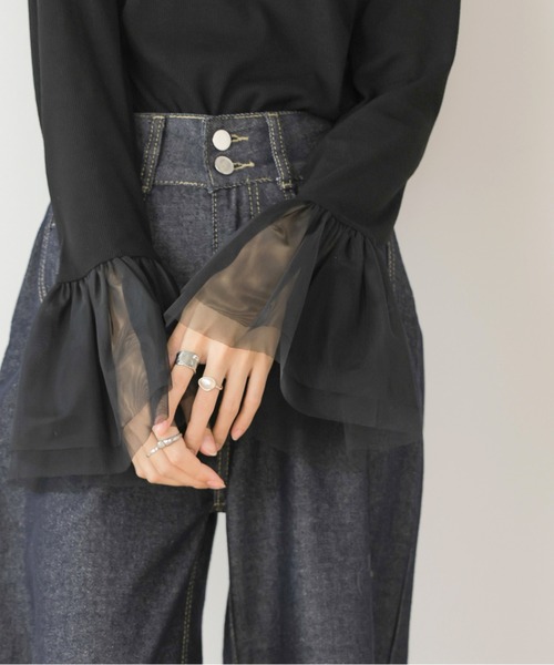 Bab(バブ)の「【一枚でも◎インナー使いにもおすすめ◎】カフスフレアチュールリブトップス(Tシャツ/カットソー・レディース・ブラック/杢グレー/アイボリー・FREE)」の5枚目の写真