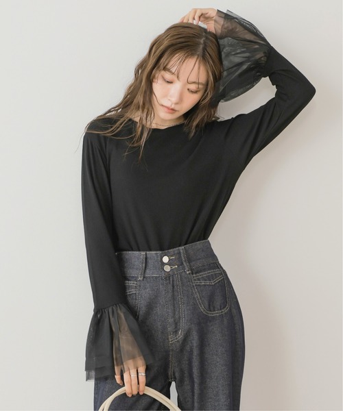 Bab(バブ)の「【一枚でも◎インナー使いにもおすすめ◎】カフスフレアチュールリブトップス(Tシャツ/カットソー・レディース・ブラック/杢グレー/アイボリー・FREE)」の6枚目の写真