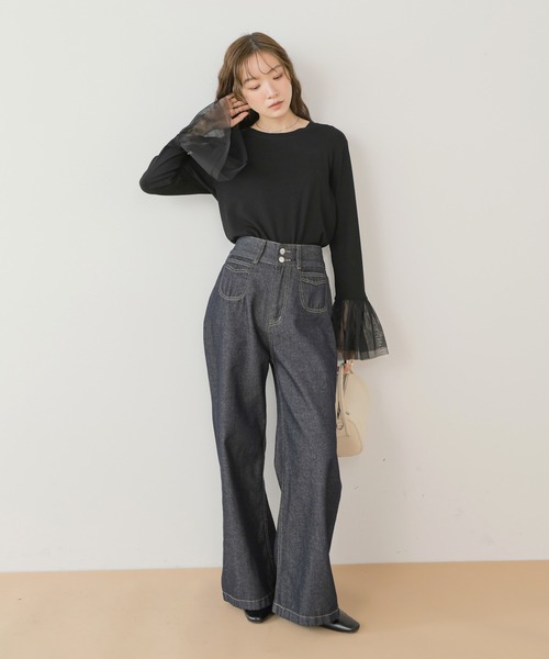 Bab(バブ)の「【一枚でも◎インナー使いにもおすすめ◎】カフスフレアチュールリブトップス(Tシャツ/カットソー・レディース・ブラック/杢グレー/アイボリー・FREE)」の10枚目の写真