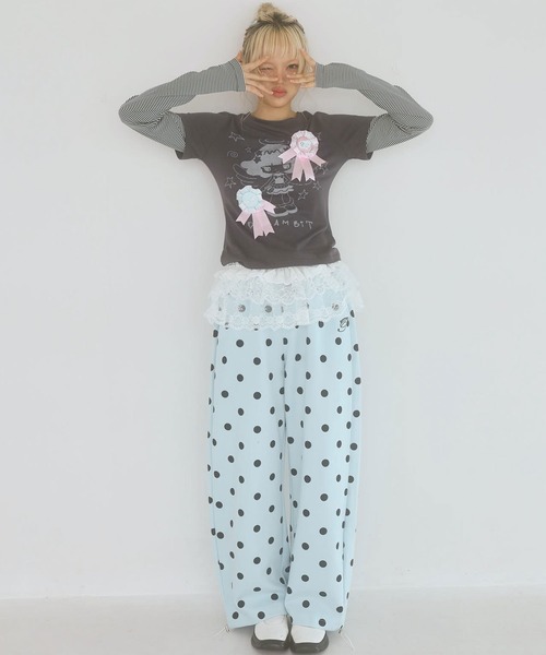 SPINNS(スピンズ)の「レイヤード風長袖カットソー/ボーダー/アスキーアート/ドリームコア(Tシャツ/カットソー・レディース・オフホワイト/チャコール・ONESIZE)」の6枚目の写真