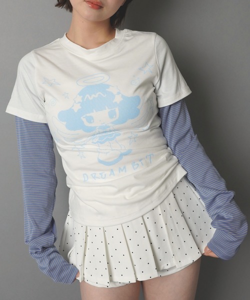 SPINNS(スピンズ)の「レイヤード風長袖カットソー/ボーダー/アスキーアート/ドリームコア(Tシャツ/カットソー・レディース・オフホワイト/チャコール・ONESIZE)」の17枚目の写真