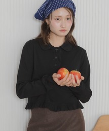 【Original】フリルポロ長袖カットソー / 長袖カットソー ポロシャツ ポロトップス 襟付きトップス 丸襟 フリル フリルトップス コンパクト丈 ショート丈 長袖トップス カジュアル ガーリー 無地トップス レイヤード 春服 秋服 冬服 韓国 ポロシャツ カットソー