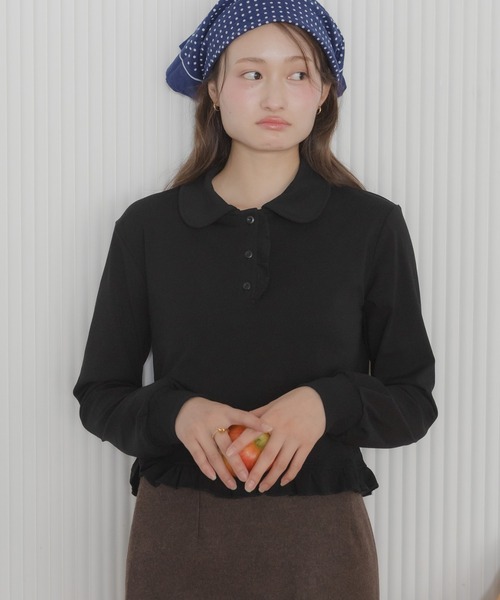 HEILIS(ヘイリス)の「【Original】フリルポロ長袖カットソー / 長袖カットソー ポロシャツ ポロトップス 襟付きトップス 丸襟 フリル フリルトップス コンパクト丈 ショート丈 長袖トップス カジュアル ガーリー 無地トップス レイヤード 春服 秋服 冬服 韓国 ポロシャツ カットソー(ポロシャツ・レディース・ホワイト/グレー/ネイビー/ブラック・FREE)」の5枚目の写真