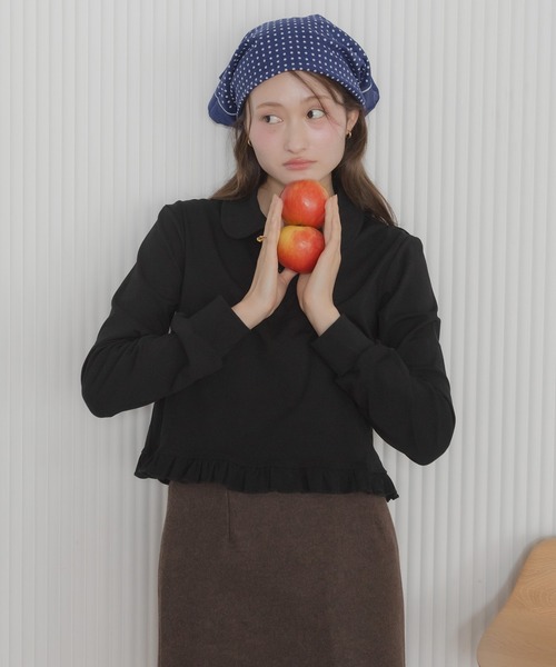 HEILIS(ヘイリス)の「【Original】フリルポロ長袖カットソー / 長袖カットソー ポロシャツ ポロトップス 襟付きトップス 丸襟 フリル フリルトップス コンパクト丈 ショート丈 長袖トップス カジュアル ガーリー 無地トップス レイヤード 春服 秋服 冬服 韓国 ポロシャツ カットソー(ポロシャツ・レディース・ホワイト/グレー/ネイビー/ブラック・FREE)」の6枚目の写真