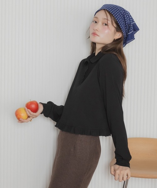 HEILIS(ヘイリス)の「【Original】フリルポロ長袖カットソー / 長袖カットソー ポロシャツ ポロトップス 襟付きトップス 丸襟 フリル フリルトップス コンパクト丈 ショート丈 長袖トップス カジュアル ガーリー 無地トップス レイヤード 春服 秋服 冬服 韓国 ポロシャツ カットソー(ポロシャツ・レディース・ホワイト/グレー/ネイビー/ブラック・FREE)」の7枚目の写真