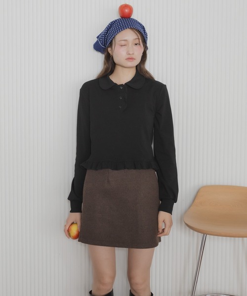 HEILIS(ヘイリス)の「【Original】フリルポロ長袖カットソー / 長袖カットソー ポロシャツ ポロトップス 襟付きトップス 丸襟 フリル フリルトップス コンパクト丈 ショート丈 長袖トップス カジュアル ガーリー 無地トップス レイヤード 春服 秋服 冬服 韓国 ポロシャツ カットソー(ポロシャツ・レディース・ホワイト/グレー/ネイビー/ブラック・FREE)」の9枚目の写真