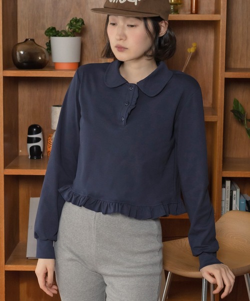 HEILIS(ヘイリス)の「【Original】フリルポロ長袖カットソー / 長袖カットソー ポロシャツ ポロトップス 襟付きトップス 丸襟 フリル フリルトップス コンパクト丈 ショート丈 長袖トップス カジュアル ガーリー 無地トップス レイヤード 春服 秋服 冬服 韓国 ポロシャツ カットソー(ポロシャツ・レディース・ホワイト/グレー/ネイビー/ブラック・FREE)」の13枚目の写真